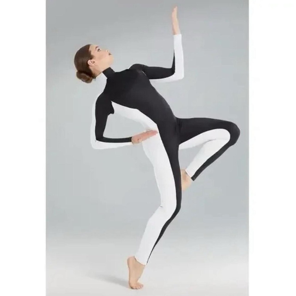 NWOT Weissman Elite MT11202 ‘Destinations’ Black/White Back Cutout Unitard, MA.